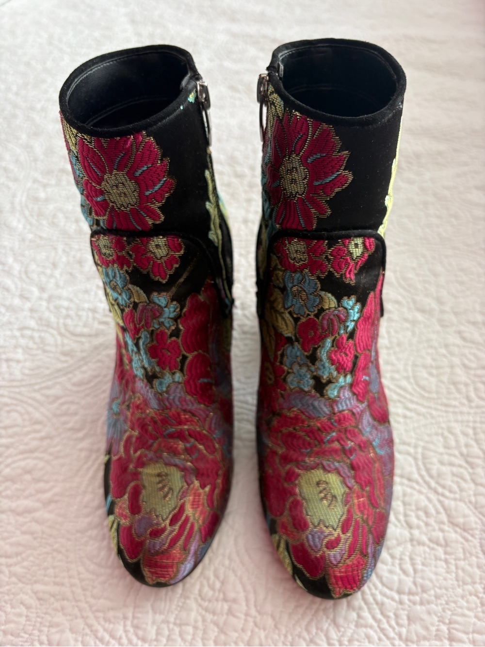 Marc Fisher Black Floral Embroidered Ankle Booties with Pink & Blue Accents